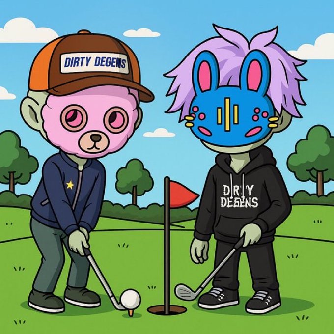 A cartoon illustration depicts two characters, one resembling a pink monkey and the other with a blue bunny mask, playing golf; both wear apparel with the text 'DIRTY DEGENS'.