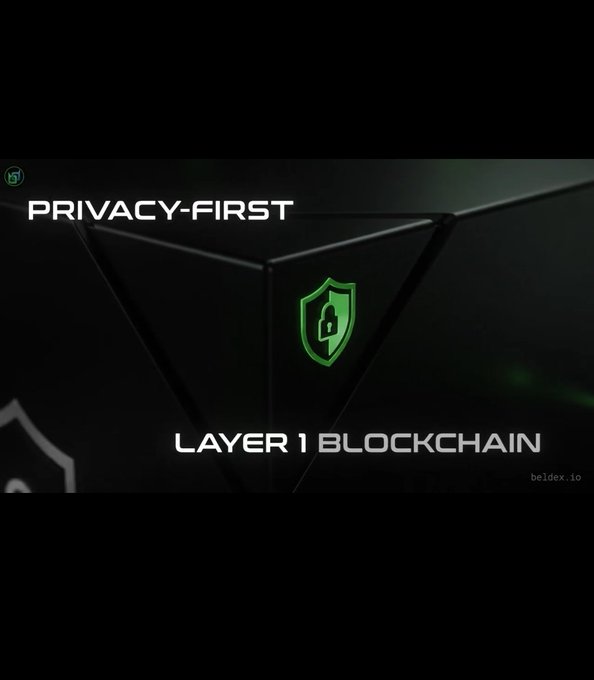 A promotional image for Beldex featuring a green shield-and-padlock logo alongside the text "PRIVACY-FIRST" and "LAYER 1 BLOCKCHAIN" against a dark geometric background, with "beldex.io" in the bottom corner. The graphic visually reinforces the post's message about BeldexCoin's commitment to building privacy-focused solutions for a more secure web 3.0.