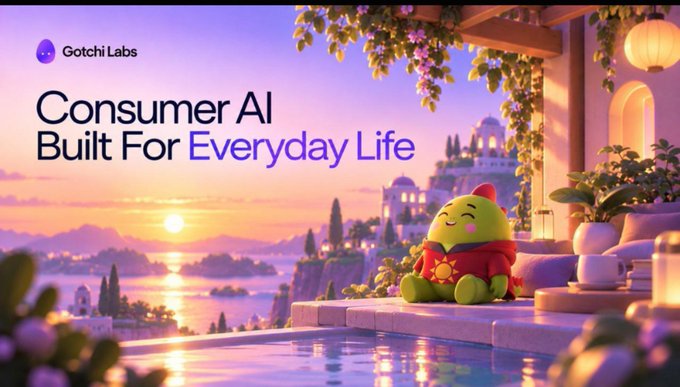 A promotional banner for 'Gotchi Labs' featuring the tagline 'Consumer AI Built For Everyday Life,' showing a cute green mascot character wearing a red outfit on a balcony overlooking a sunset seascape with Mediterranean-style architecture.
