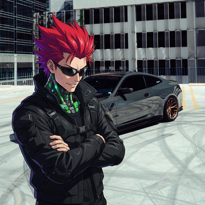 The image features a man with red hair wearing sunglasses standing next to a car parked in an empty lot or parking area. The man has his arms crossed and appears to be posing for the photo. The background of the image shows a building, suggesting that they are in an urban setting. There is also text present in the image, which reads "Good afternoon Is Web3 overlooking something as fundamental as sleep? @sleepagotchi It's a question worth thinking about". This adds a humorous and thought-provoking element to the scene, making it more interesting for viewers.
