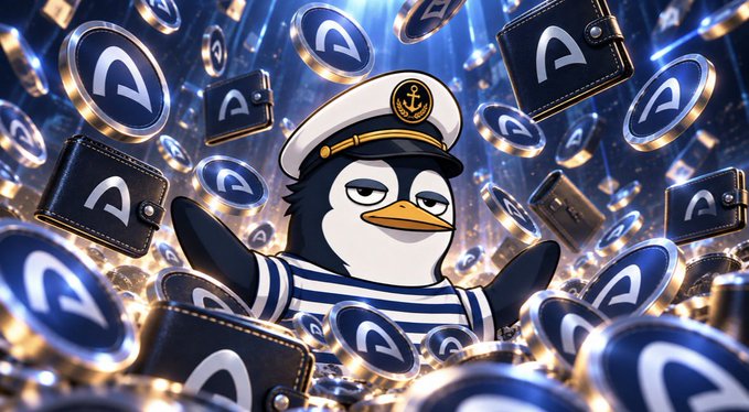 A cartoon penguin wearing a sailor hat and striped shirt is surrounded by floating coins and wallets with logos, set against a glowing blue background.