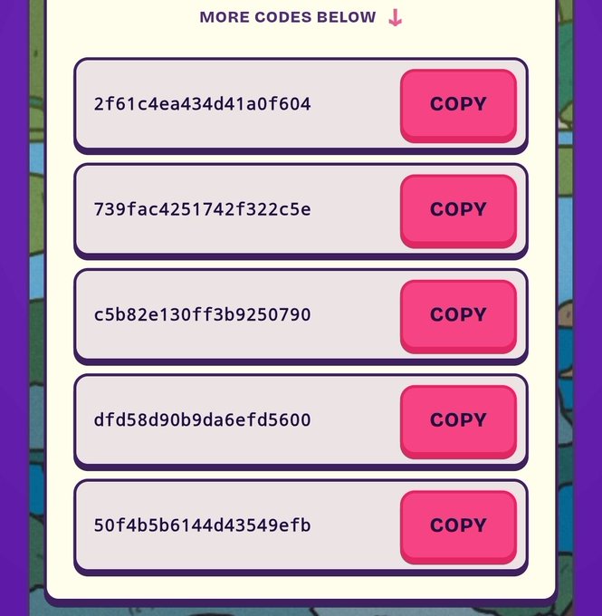 A digital graphic displaying five purple-boxed invite codes with pink "COPY" buttons: "2f61c4ea434d41a0f604", "739fac4251742f322c5e", "c5b82e130ff3b9250790", "dfd58d90b9da6efd5600", and "50f4b5b6144d43549efb", under the heading "MORE CODES BELOW," matching the invite codes shared for @Everdraw_RPG.
