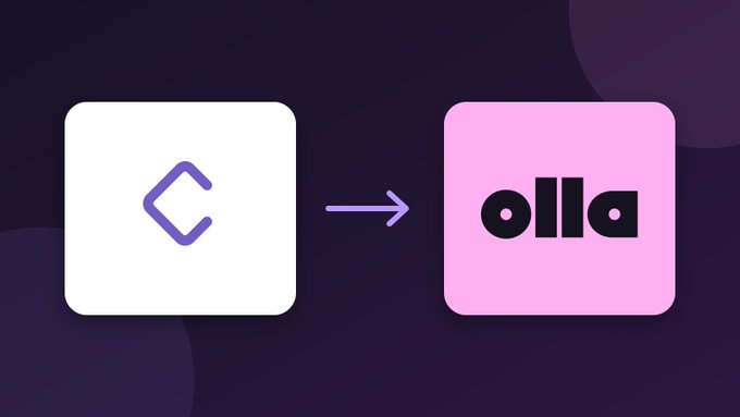 A graphic showing a white box with a purple logo pointing with an arrow to a pink box labeled 'olla'.