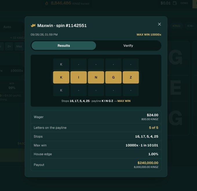 A casino game results screen showing a 'Maxwin' on spin #1142551 for a KINGZ slot game, with a $24 wager and payout of $240,000.00 (8,000,000 KINGZ) at 10000x odds.