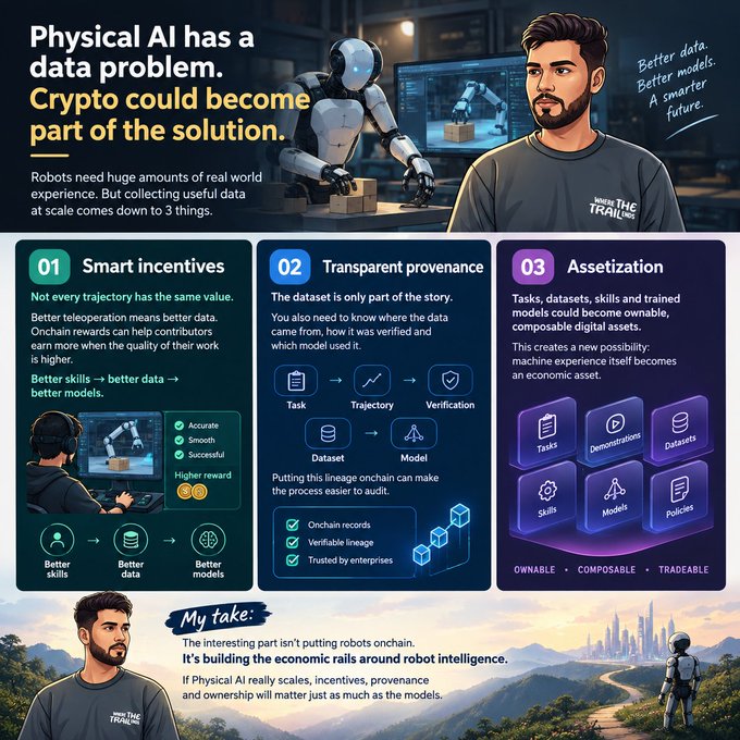 An infographic titled 'Physical AI has a data problem. Crypto could become part of the solution' featuring illustrations of a robot, a man wearing a 'TRAIN' shirt, and three pillars: Smart incentives, Transparent provenance, and Assetization.