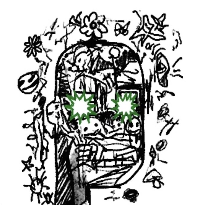 The image features an abstract black and white drawing of a person's face with green eyes, surrounded by various objects such as flowers, leaves, and mushrooms. The drawing includes elements like a house, a tree, and a bird. The post is titled "Digital assets on Bitcoin" and has a caption that reads: "Ordinals catching attention & there is a very strong collector base!".