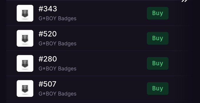 The image shows a list of badges, including badges for G-boy and badges numbered 517 and 518. The badges are displayed against a dark background with green buttons that say "BUY" and "G-BOY". The text in the image suggests that these badges might be related to a gaming community or an online platform where users can earn badges by participating in various activities, such as playing games or completing challenges.