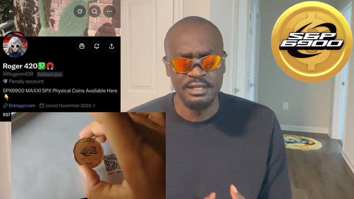 A split screen showing a Twitter profile 'Roger 420 @Rogerm420' advertising 'SPX6900 MAXXI SPX Physical Coins Available Here' on the left, and a man with orange sunglasses speaking to camera on the right with an 'SPX 6900' gold coin logo.