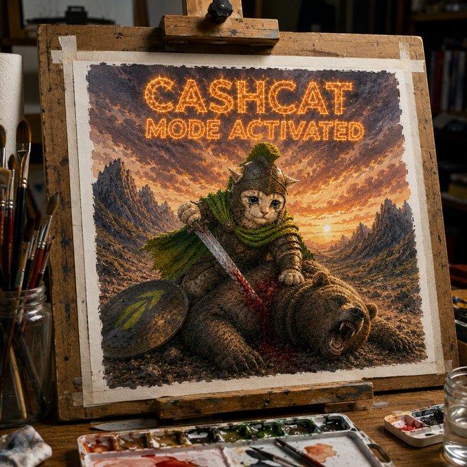 A watercolor painting on an easel titled "CASHCAT MODE ACTIVATED" depicting a cat dressed as a warrior with a sword and shield standing victoriously over a slain bear at sunset.