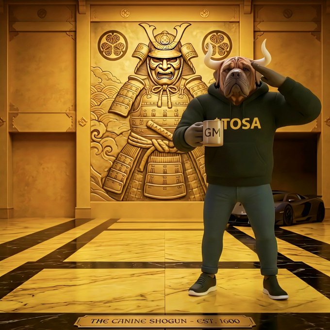 An AI-generated image of a dog-headed humanoid wearing a "TOSA" hoodie and holding a "GM" mug, standing before a golden samurai relief labeled "THE CANINE SHOGUN - EST. 1600" with a sports car in the background.
