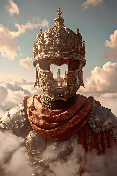 A majestic, ornate knight in intricate armor with an elaborate open-faced helmet, wrapped in a patterned red scarf, standing against a cloudy sky.