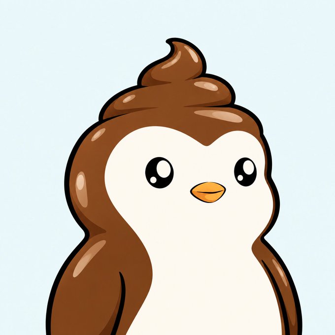 A cartoon illustration depicts a cute penguin with a brown swirl resembling soft-serve ice cream or poop on its head, featuring large black pupils and an orange beak.