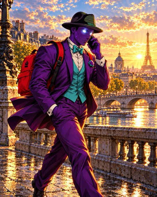 A stylish, purple-skinned figure in a sharp purple suit and fedora struts through Paris with the Eiffel Tower and a sunset-lit river in the background, embodying confident swagger. The image mirrors the post's message of seizing opportunity, portraying a bold trader ready to turn the day around with one decisive move.