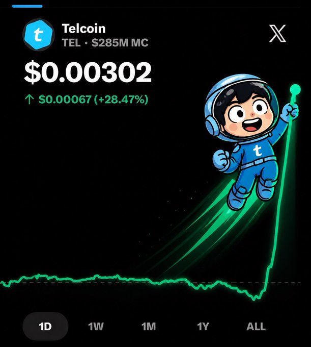 The image shows a cartoon character wearing an astronaut suit, holding a green light, with text that reads "TEL coin $TEL is the world's only Digital Asset Depository Institution. This allows @telcoin to operate within banking framework." The character appears to be in motion or flying, and there are numbers on the screen indicating a rise in value over time.

The post seems to be promoting a cryptocurrency called TEL coin, which is designed for use as a digital asset. It is important to note that this post is not an actual advertisement but rather a description of the character's actions within the context of the cryptocurrency world.