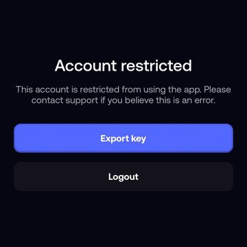 A dark mobile app screen displaying 'Account restricted' message with options to 'Export key' and 'Logout'.