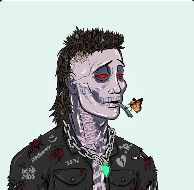 Digital illustration of a skeletal zombie figure with a mullet hairstyle, red eyes, a cigarette in his mouth, and a butterfly resting on the cigarette; he wears a studded black leather jacket with patches reading 'DEAD BOYS' and '33.3%' and a chain necklace with a green gem.