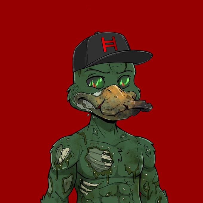 A cartoon zombie duck with dollar signs in its eyes, wearing a black cap with a red 'H', stands against a red background.
