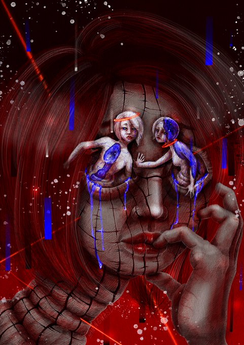 A surreal digital artwork depicting a cracked face with two small figures emerging from the eye sockets, rendered in dark red tones with blue accents and starry elements.
