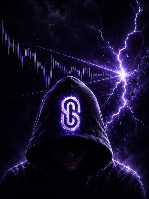 A hooded figure with a glowing purple 'C' symbol on their face, surrounded by dramatic purple lightning and a financial candlestick chart in the background.