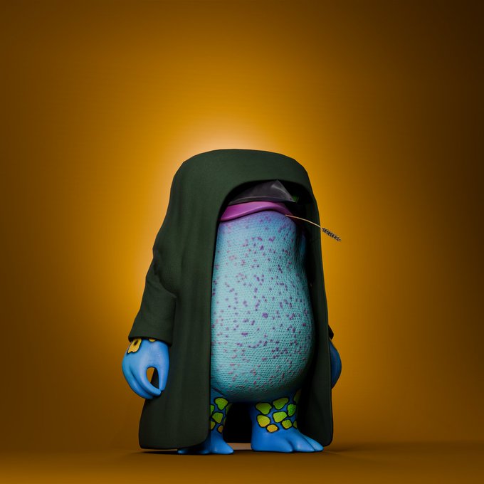 A 3D rendered character wearing a dark hooded cloak, with a textured light blue body, purple lips, a thin mustache, and blue hands and feet, set against a dark orange background.