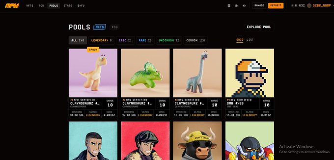 A screenshot of a cryptocurrency NFT marketplace website displaying a 'POOLS' section with various digital collectibles including dinosaurs and pixel art characters, all priced in SOL currency.