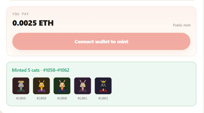 A screenshot showing a minting interface for a "Catsker" NFT collection, where 0.0025 ETH is required and 5 cats (#1058-#1062) have just been minted, matching the post announcing the user just minted 5 cats from the project.