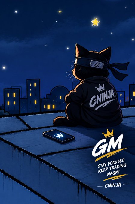 An illustrated ninja cat sitting on a rooftop at night under a starry sky, wearing a 'CNINJA' jacket, with text reading 'GM STAY FOCUSED KEEP TRADING WAGMI CNINJA'.