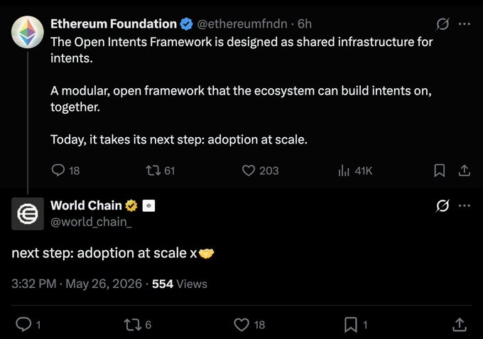 The image shows a Twitter post made by an organization named "Ethereum Foundation". The post discusses the concept of decentralization, with a focus on the Ethereum Framework being designed as shared infrastructure for open-intents applications. The Twitter account also mentions that the World Chain is currently adopting step x adoption at scale.