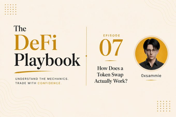 A thumbnail for 'The DeFi Playbook' Episode 07 titled 'How Does a Token Swap Actually Work?' features an illustrated avatar labeled 'Oxsammie' alongside the tagline 'UNDERSTAND THE MECHANICS. TRADE WITH CONFIDENCE.'