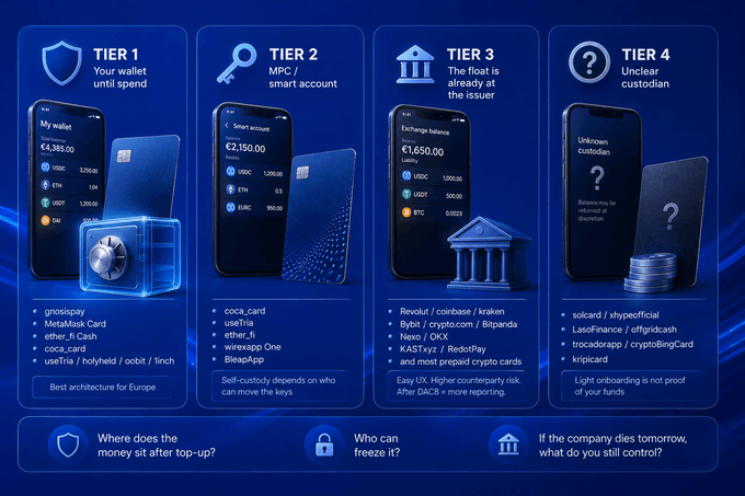 An infographic explaining four tiers of crypto card custody, from 'TIER 1: Your wallet until spend' (prolobby, MetaMask Card) to 'TIER 4: Unclear custodian' (solcard/xhypedfical), highlighting questions about money location, freezing control, and company collapse protection.