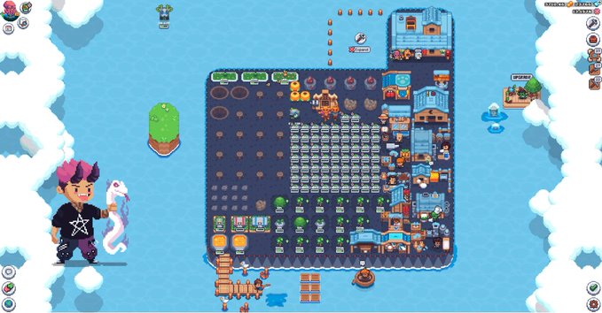A pixel art farming game featuring a character with pink hair and a snake, along with a view of a farm island with crops, buildings, and various items.