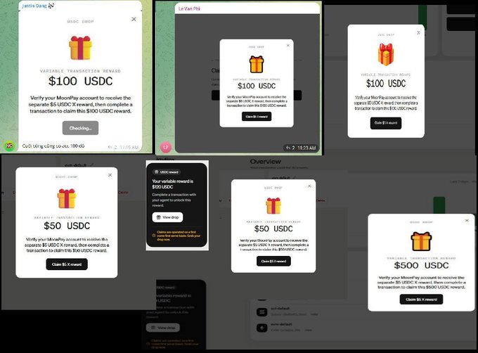 A collage of screenshots showing USDC reward popups of varying amounts ($50, $100, $500) from what appears to be the Jupiter Swap interface.