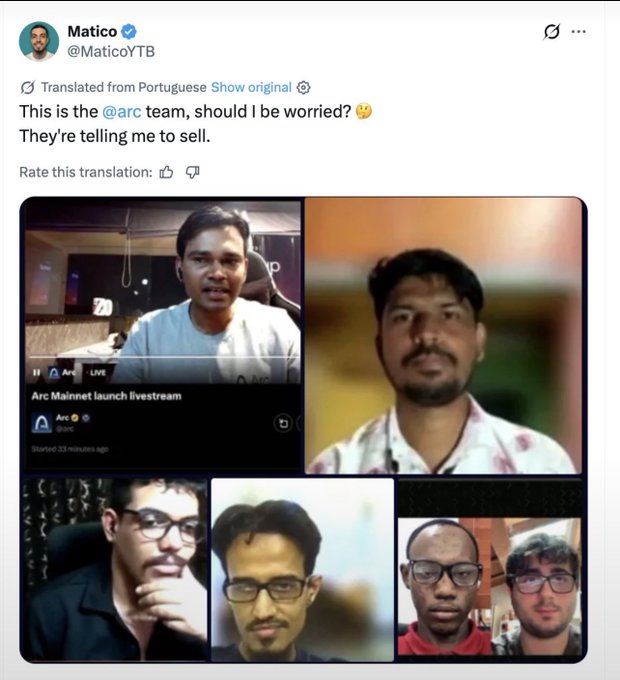 The image is a tweet by @MaticoYTB commenting on the @arc (Arc by Circle) team's livestream, featuring six men of South Asian descent in a video call alongside an "Arc Mainnet launch livestream" screen, with the caption "This is the @arc team, should I be worried? They're telling me to sell."