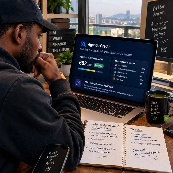 A man sits at a laptop displaying the 'Agentic Credit' dashboard with an Agentic Credit Score (ACS) of 682/850, surrounded by notes about AI agents needing a credit score and a mug reading 'Good Ideas Build Freedom'.