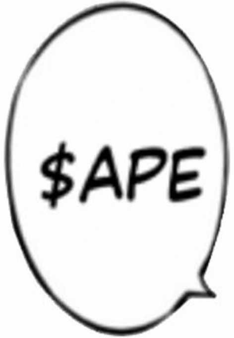 A hand-drawn speech bubble contains the text "$APE" in bold black letters, visually representing the ticker symbol mentioned in the post. The simple bubble emphasizes the playful "say the thing" prompt, where the image literally "says" the word APE in response.