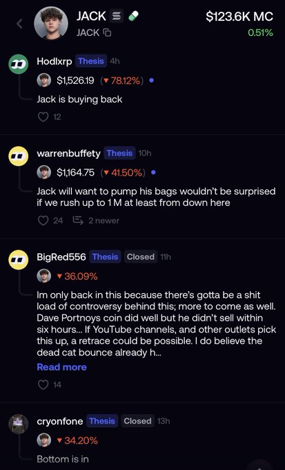 The image shows a social media post by JACK with a $123.6M MC token experiencing a 0.51% change, accompanied by user comments predicting price movements with notable down percentages: Hodlxrp ($1,526.19, ▼78.12%), warrrenbuffety ($1,164.75, ▼41.50%), BigRed556 (▼36.09%), and cryonfone (▼34.20%). The skeptical caption "do these people really exist ???" aptly captures the absurdity of users confidently calling exact bottoms and predicting massive pumps despite extreme price drops displayed in their own profiles.