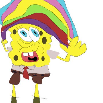 SpongeBob SquarePants cartoon character wearing a colorful rainbow hat and tie, smiling and waving.