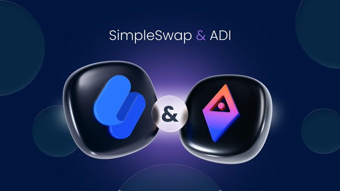 The image displays a promotional graphic with the text "SimpleSwap & ADI" at the top, featuring two stylized 3D app icons side by side with an ampersand symbol between them—the SimpleSwap logo on the left and the ADI Chain logo on the right, set against a dark blue background with subtle circular accents. This visually announces the partnership and listing of the $ADI token on the SimpleSwap platform, as described in the accompanying post about non-custodial, wallet-to-wallet token swaps.