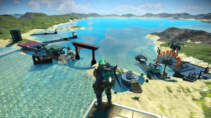 A video game scene shows a character in green armor overlooking a tropical island with turquoise water, sandy beaches, and various docks and structures.