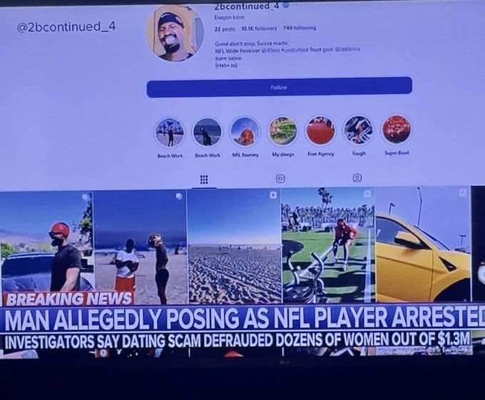 The image shows an Instagram profile for "@2bcontinued_4" with a "BREAKING NEWS" banner reporting "MAN ALLEGEDLY POSING AS NFL PLAYER ARRESTED," claiming a dating scam defrauded dozens of women out of $1.3M, appearing on ABC News. This aligns with the accompanying post highlighting the viral news story about the $DAEJON social media account gaining massive attention for its humorous coverage of the bizarre scam narrative.