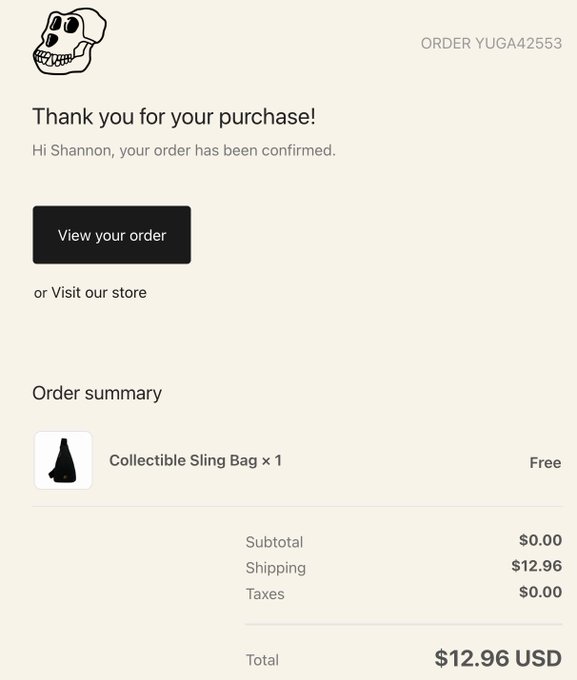 An order confirmation email for Shannon (ORDER YUGA42553) thanking her for the purchase of a free 'Collectible Sling Bag x 1', with subtotal $0.00, shipping $12.96, taxes $0.00, and a total of $12.96 USD.