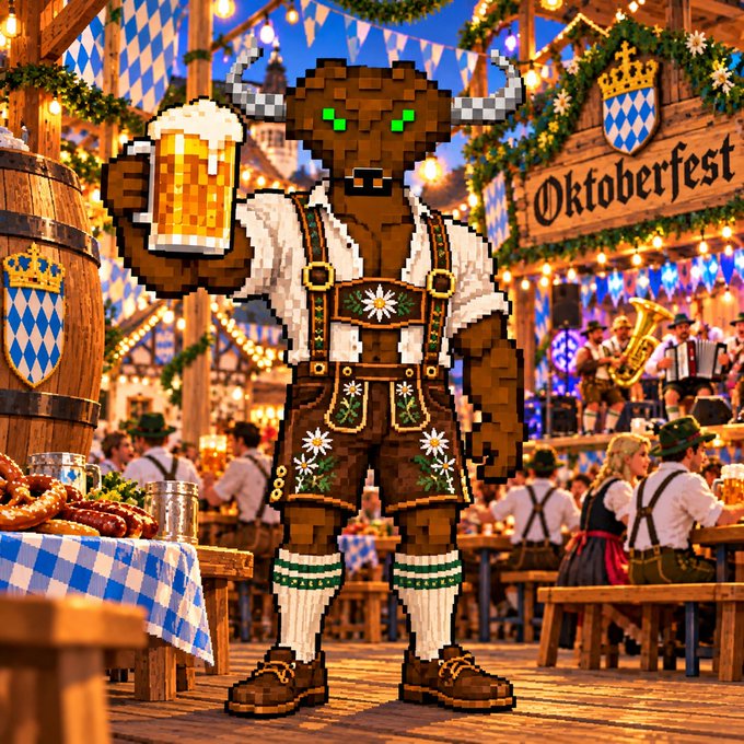 A pixel-art style illustration of a horned, brown beast-like character in traditional Bavarian clothing holding a beer mug at an Oktoberfest celebration, with the word "Oktoberfest" visible on a wooden sign.