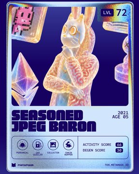 A trading card-style NFT labeled 'SEASONED JPEG BARON' features a translucent, iridescent rabbit-like figure in a suit, with stats like LVL 72, Activity Score 66, and Degen Score 38.