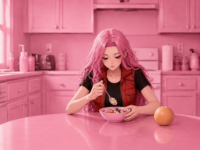 An anime-style illustration of a pink-haired girl eating cereal at a pink table in a pink kitchen.