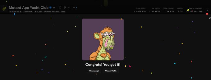 A screenshot of the Mutant Ape Yacht Club NFT collection page showing a congratulations message for acquiring an ape NFT, with ETH price and volume metrics visible.
