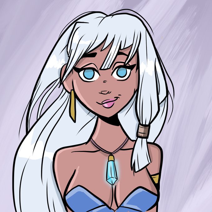 Digital illustration of a character with dark skin, bright blue eyes, long white hair in pigtails, a blue top, gold jewelry, and a glowing blue crystal necklace against a lavender background.