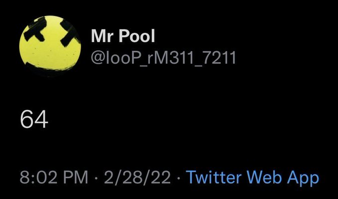 A screenshot of a Twitter/X post from Mr Pool (@looP_rM311_7211) showing the number "64," consistent with his report that he holds 64 AL on the XRP ledger.