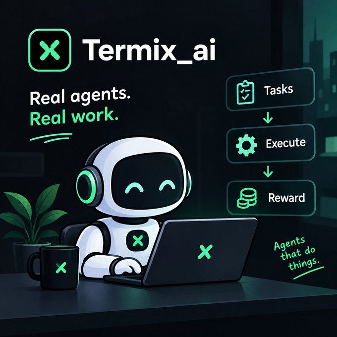 A digital illustration of a smiling robot wearing headphones working on a laptop, promoting 'Termix_ai' with the tagline 'Real agents. Real work.' alongside a flowchart of Tasks, Execute, and Reward.