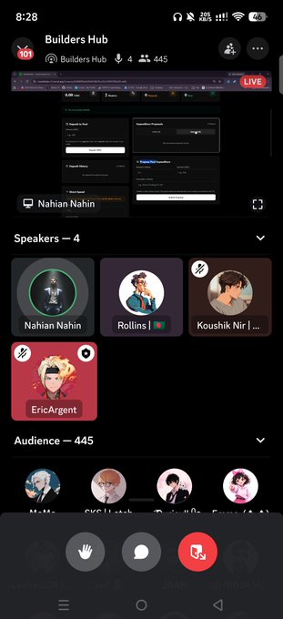 A mobile screenshot of an X (Twitter) Space called 'Builders Hub' with 445 listeners, showing speakers including 'Nahian Nahin', 'Rollins', and 'EricArgent'.