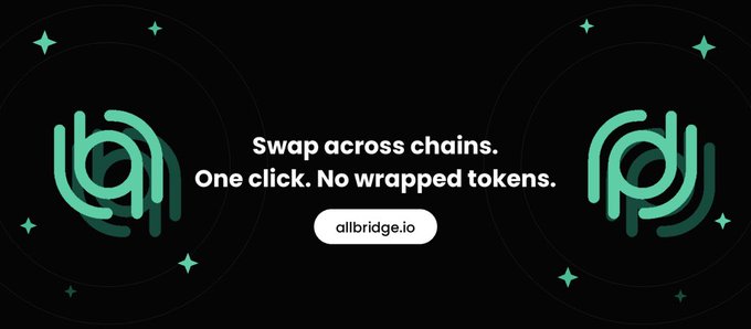 An advertisement for allbridge.io featuring the text 'Swap across chains. One click. No wrapped tokens.' on a dark background with stylized green spiral logos.